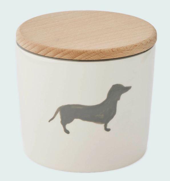 Keksdose mit Dackelmotiv aus Keramik, Beige/grau