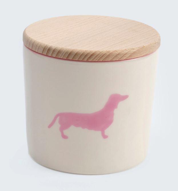 Keksdose mit Dackelmotiv aus Keramik, Beige/Rosa